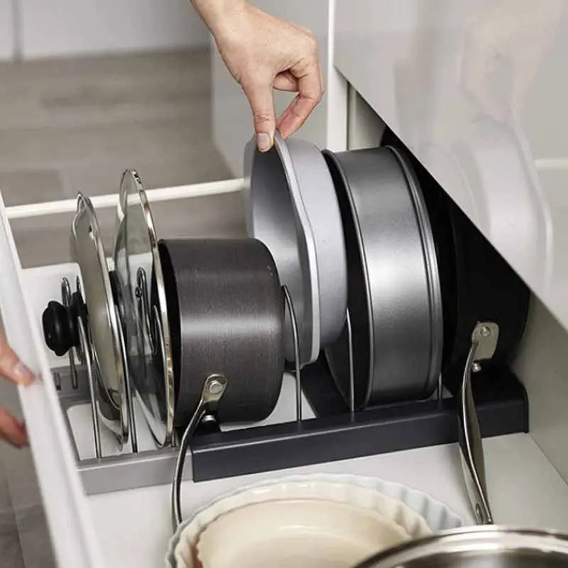 Adjustable Pot and Lid Organizer for Cabinets and Drawers