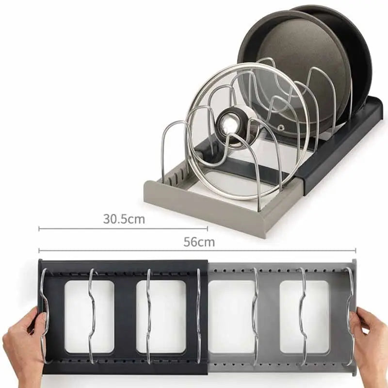 Adjustable Pot and Lid Organizer for Cabinets and Drawers