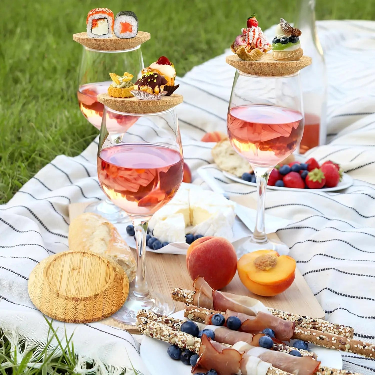 Set of 4 Bamboo Wine Glass Snack Holders