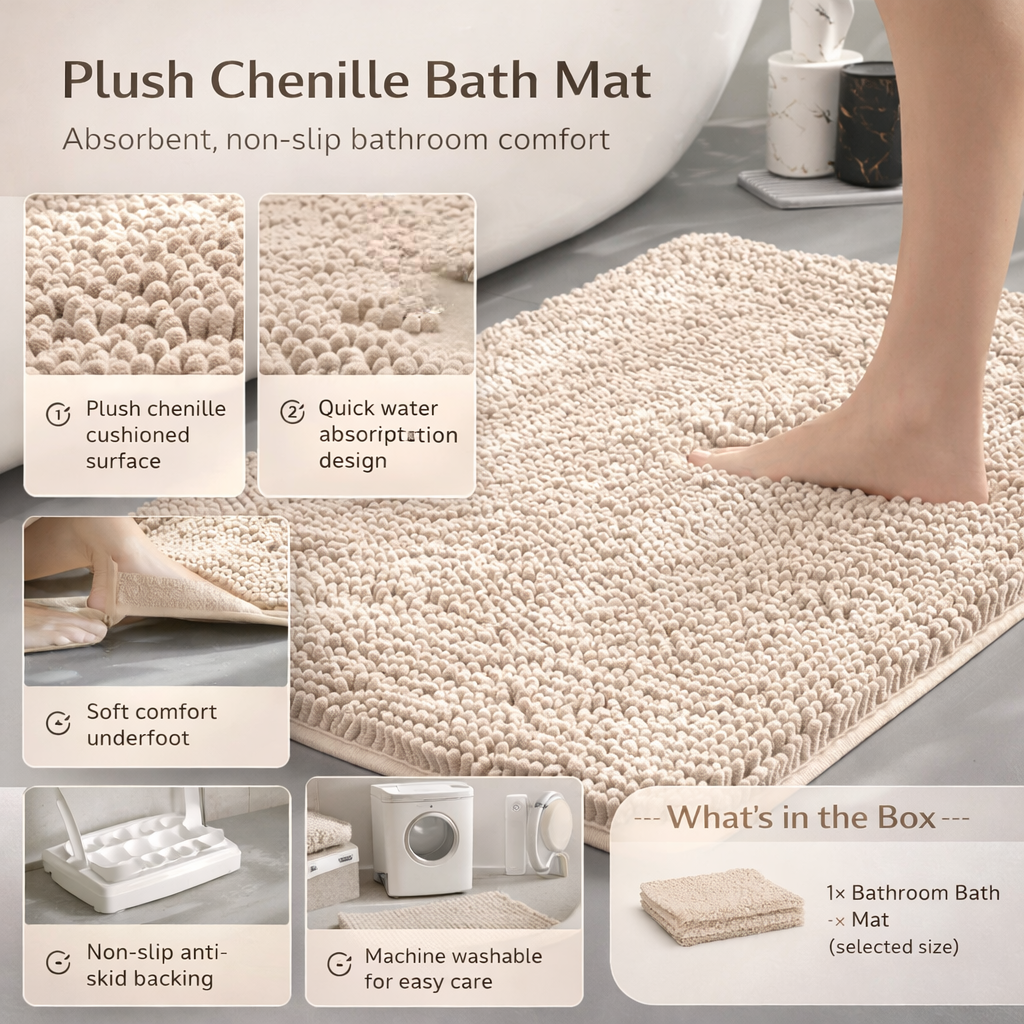 Non-Slip Machine Washable Bathroom Rug in Soft Chenille Fabric