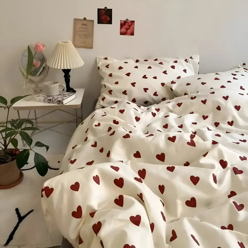 Heart Patterned Bed Linen Set with Fitted Sheet Included