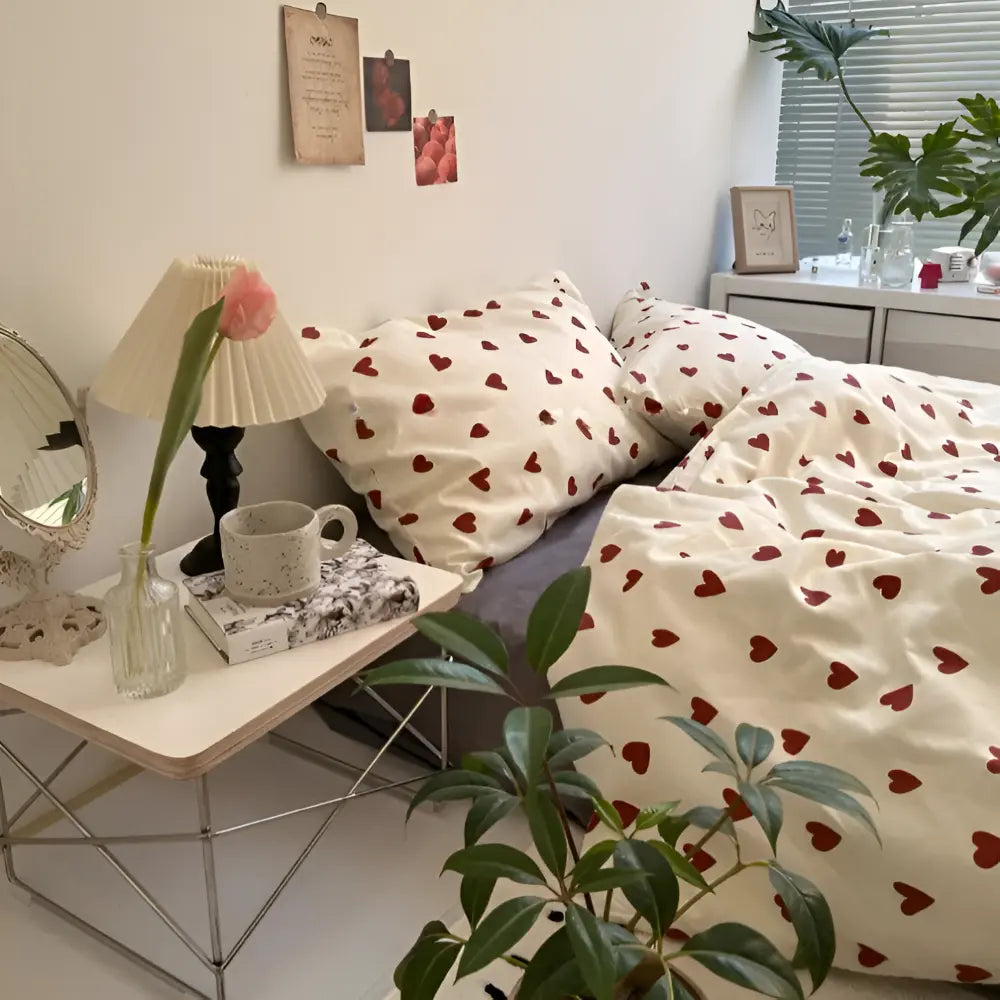 Heart Patterned Bed Linen Set with Fitted Sheet Included