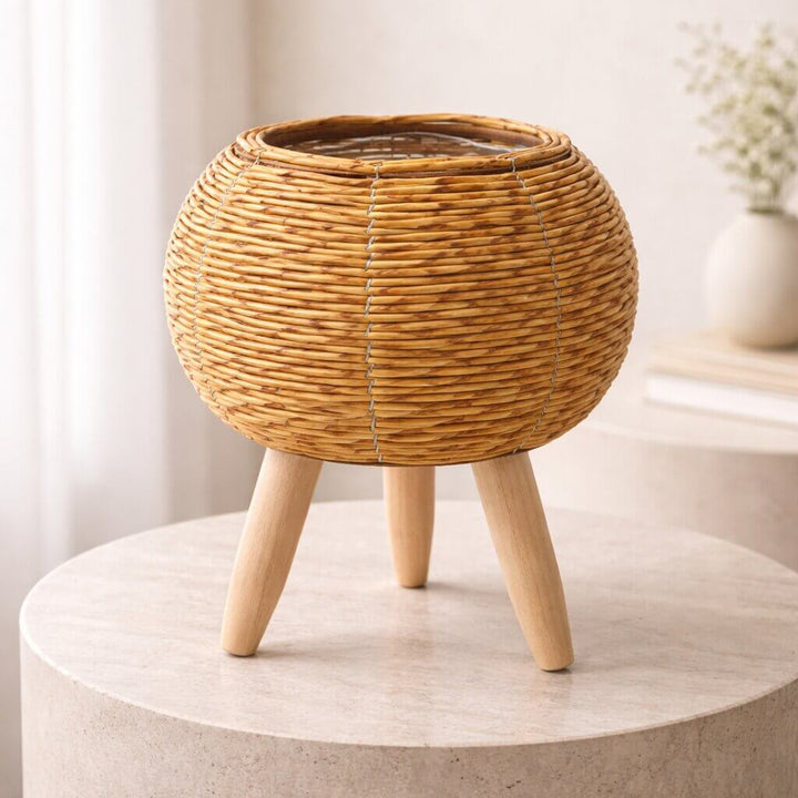 Planter Pot with Wooden Legs | Woven Basket Design | Indoor & Outdoor Use