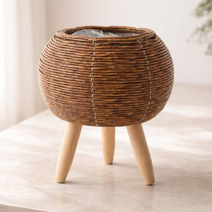 Planter Pot with Wooden Legs | Woven Basket Design | Indoor & Outdoor Use