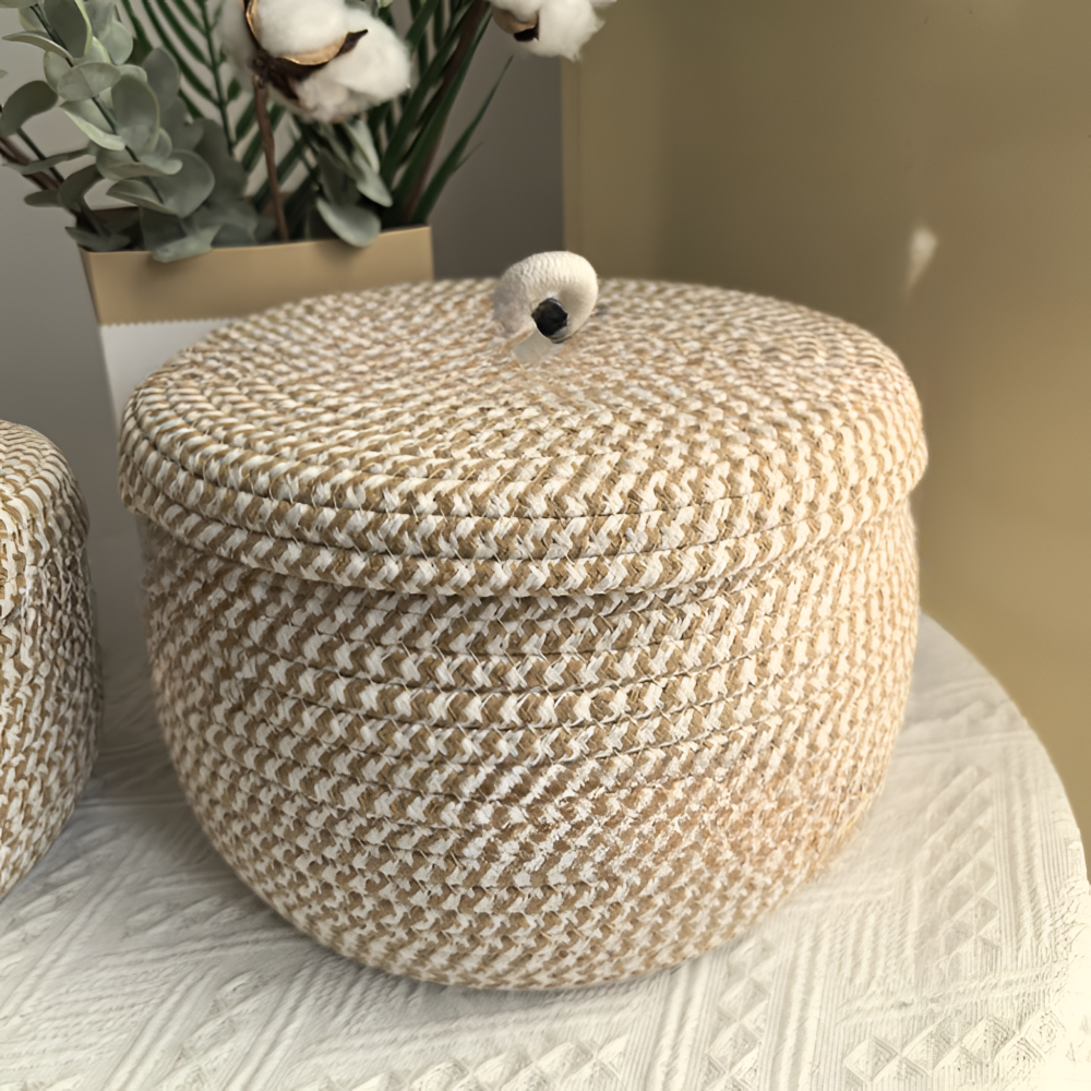 Woven Round Basket with Lid – Bohemian Design for Storage