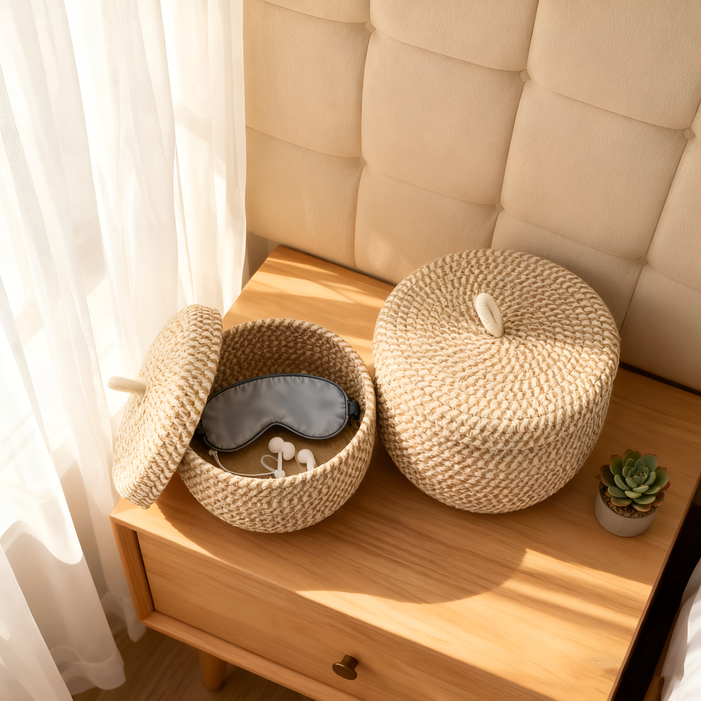 Woven Round Basket with Lid – Bohemian Design for Storage