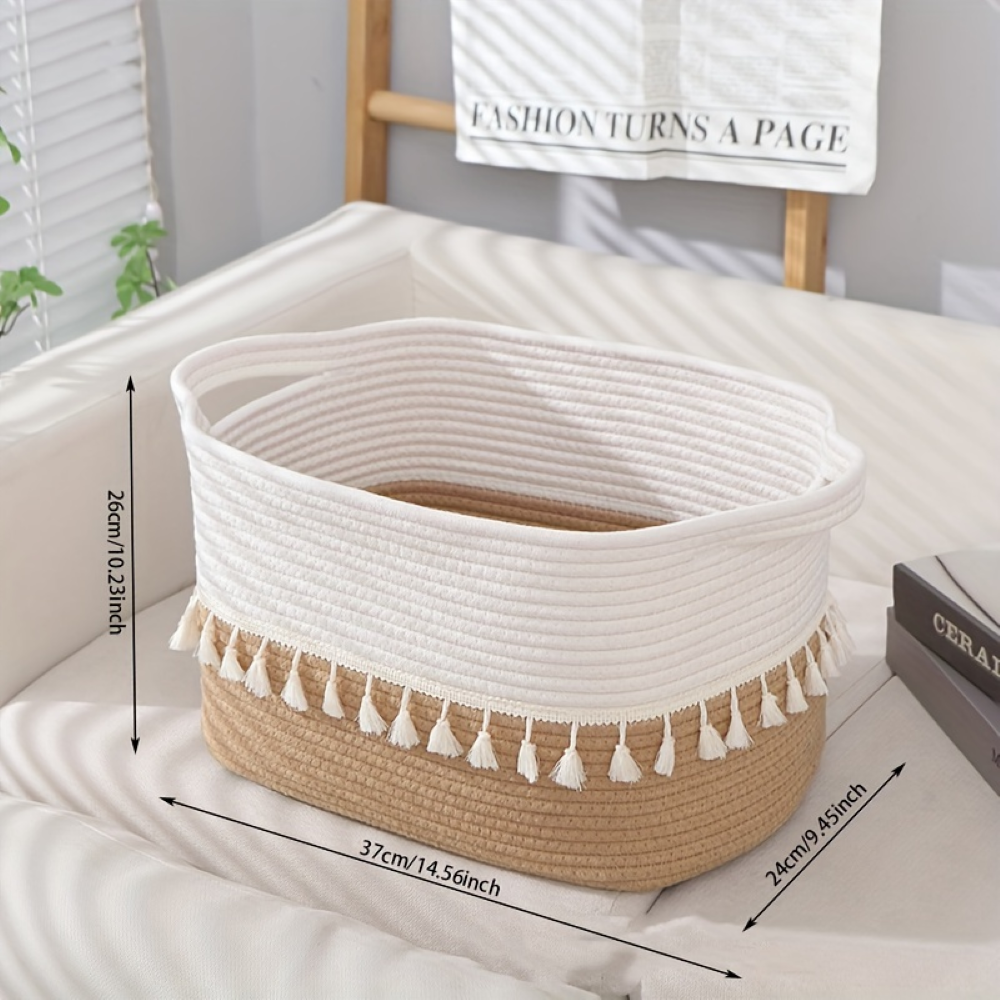Bohemian Style Cotton Storage Basket with Tassels – Decorative Organizer