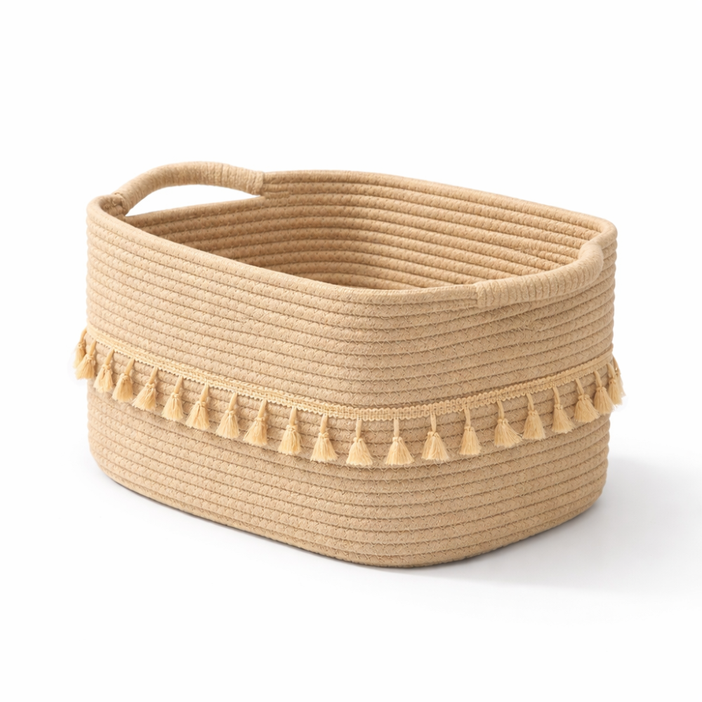 Bohemian Style Cotton Storage Basket with Tassels – Decorative Organizer