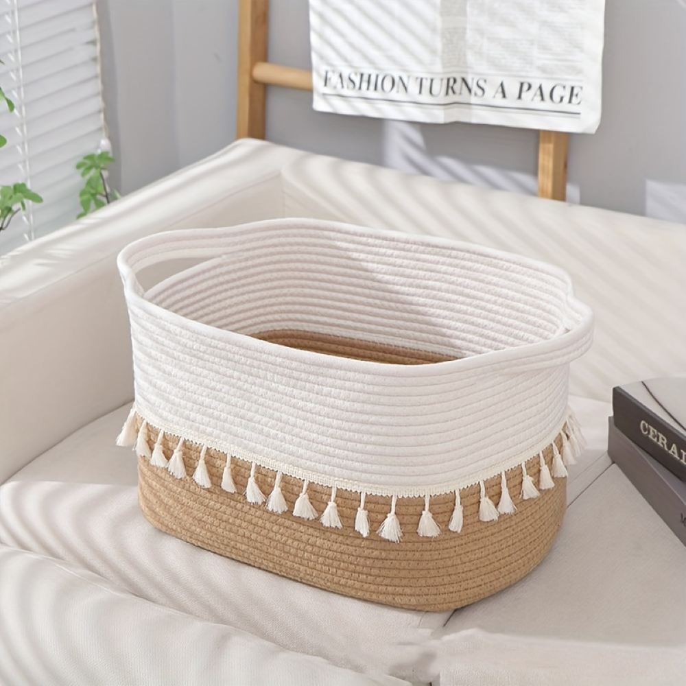 Bohemian Style Cotton Storage Basket with Tassels – Decorative Organizer
