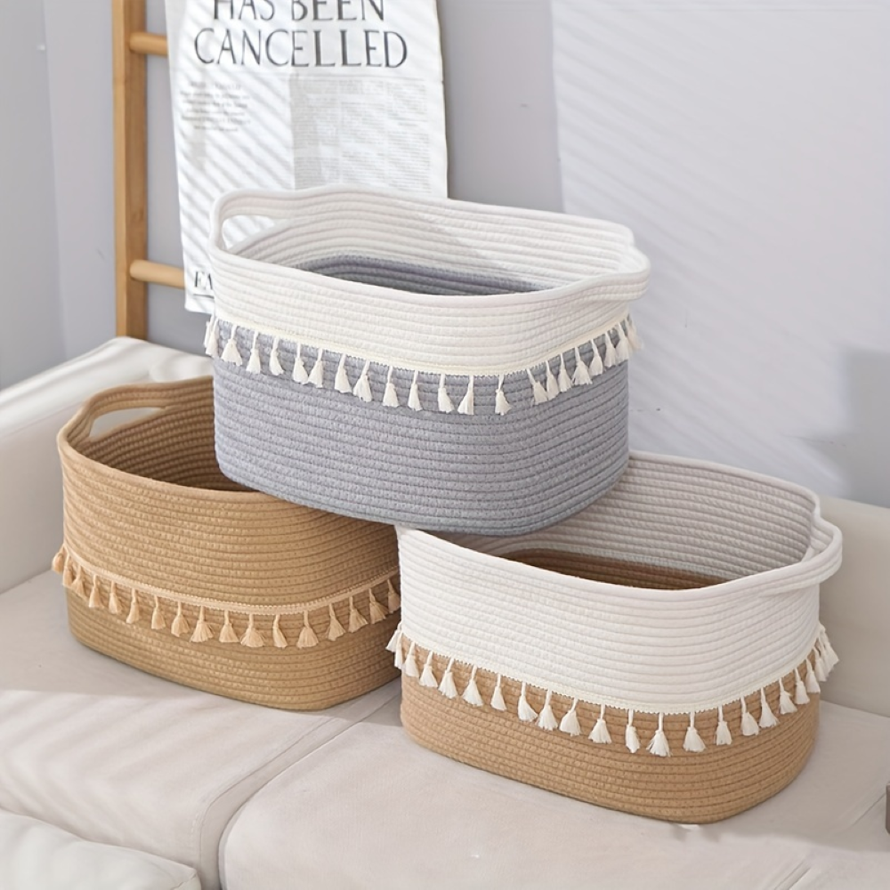Bohemian Style Cotton Storage Basket with Tassels – Decorative Organizer
