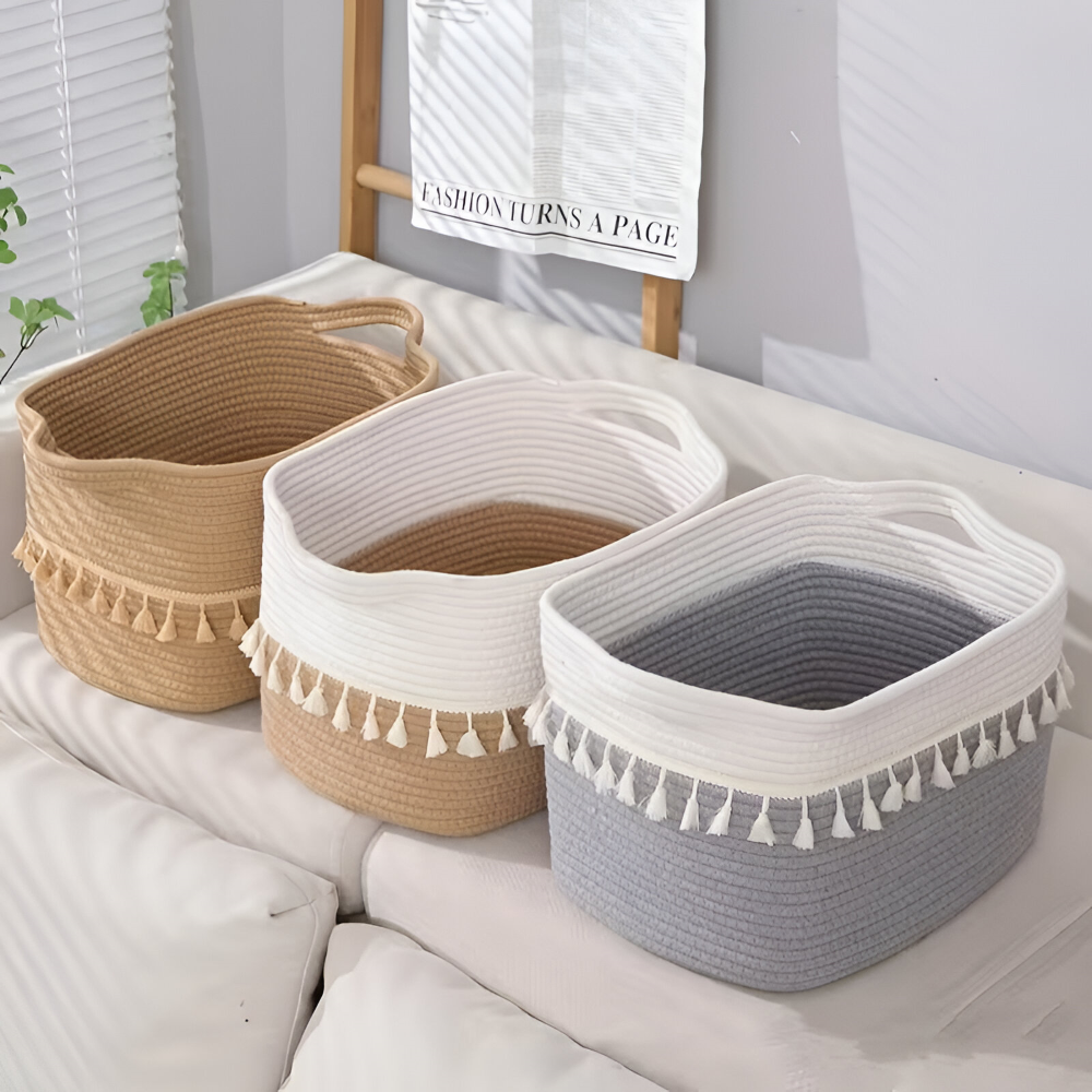 Bohemian Style Cotton Storage Basket with Tassels – Decorative Organizer