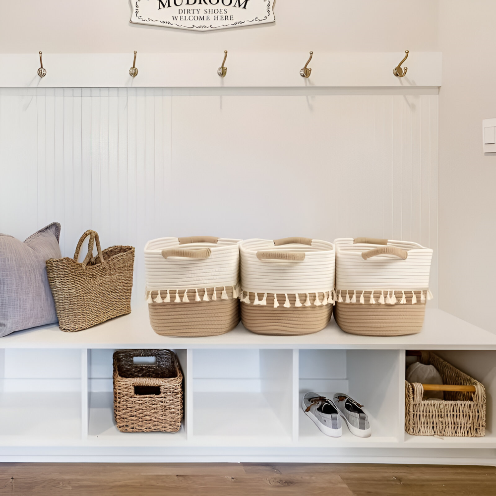 Bohemian Style Cotton Storage Basket with Tassels – Decorative Organizer