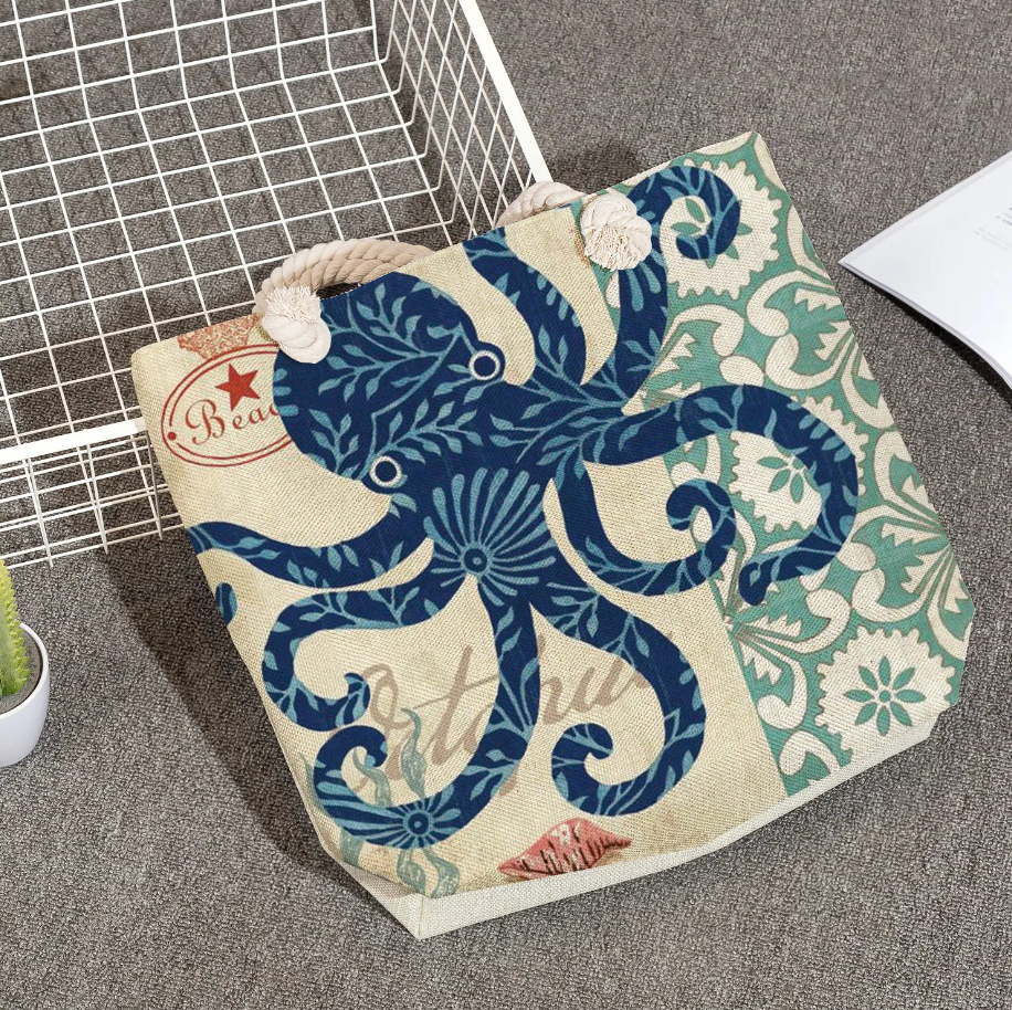Beach Tote Bag Featuring Ocean Design in Linen