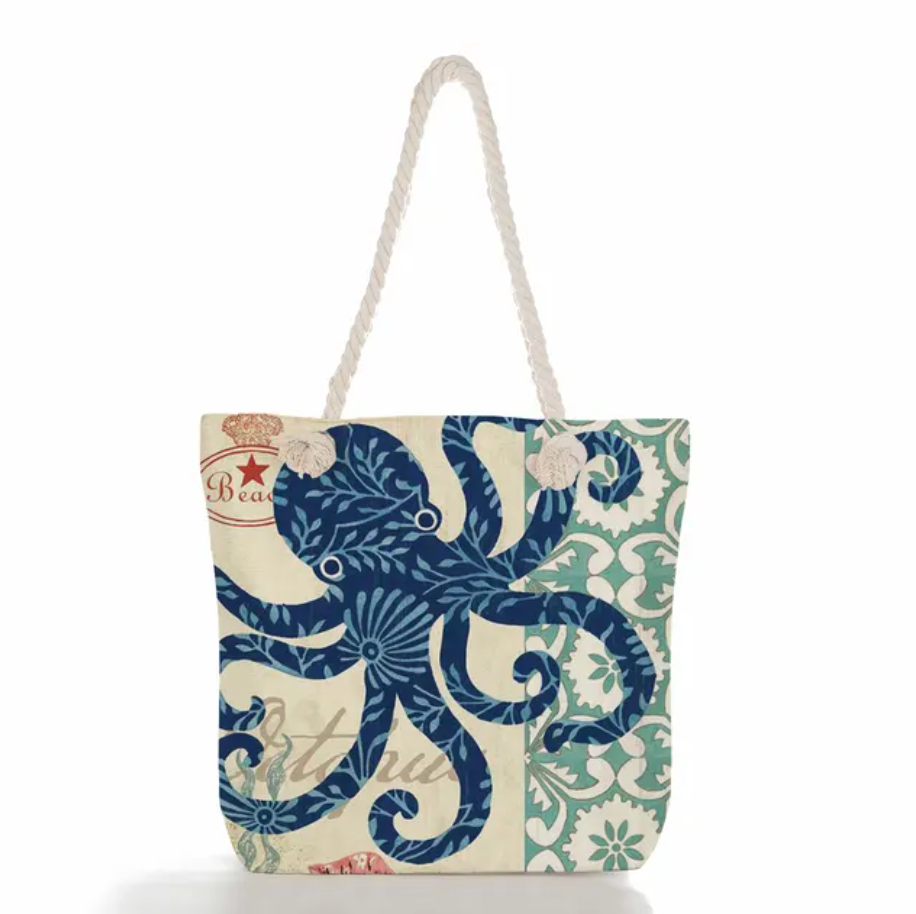 Beach Tote Bag Featuring Ocean Design in Linen