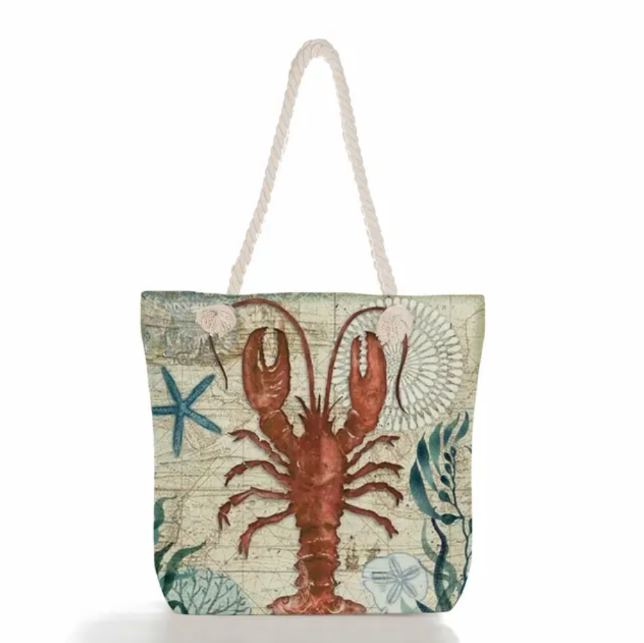 Beach Tote Bag Featuring Ocean Design in Linen