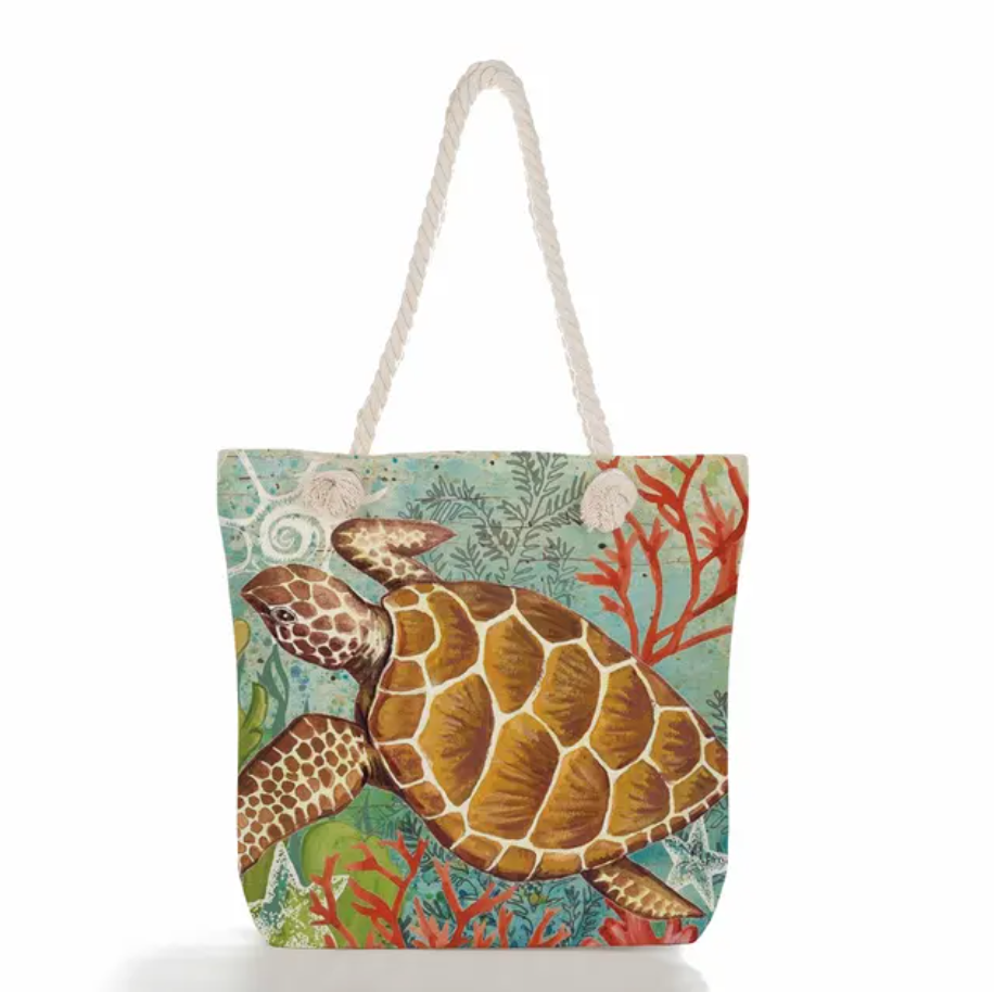 Beach Tote Bag Featuring Ocean Design in Linen