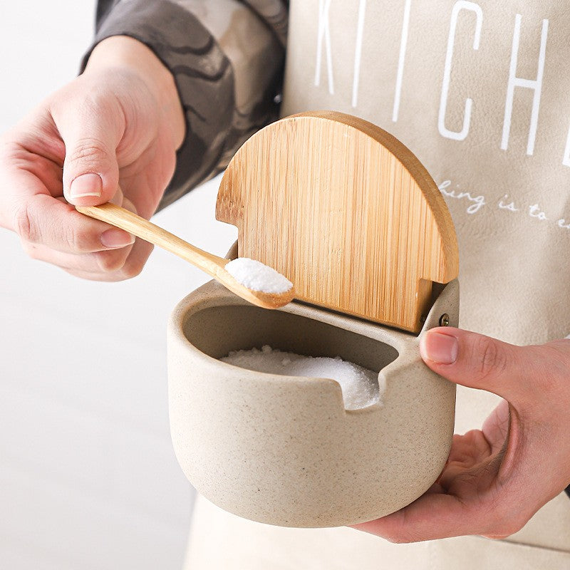 Elegant Ceramic Spice Container with Bamboo Lid and Spoon