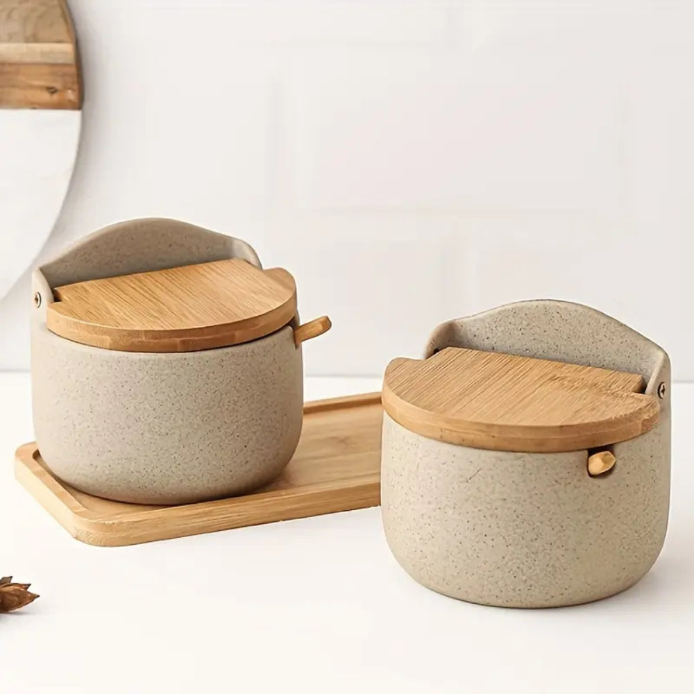 Elegant Ceramic Spice Container with Bamboo Lid and Spoon