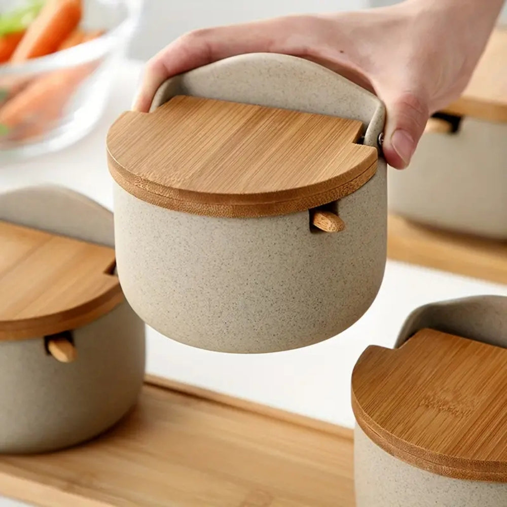 Elegant Ceramic Spice Container with Bamboo Lid and Spoon