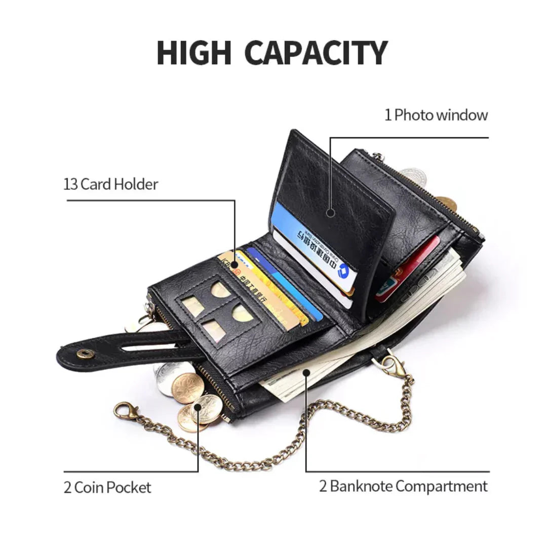 Faux Leather Vintage Wallet with Chain – 13 Pockets, Antique Brass