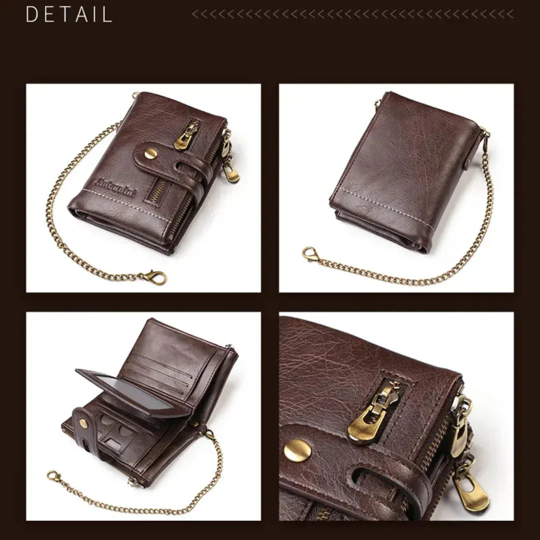 Faux Leather Vintage Wallet with Chain – 13 Pockets, Antique Brass