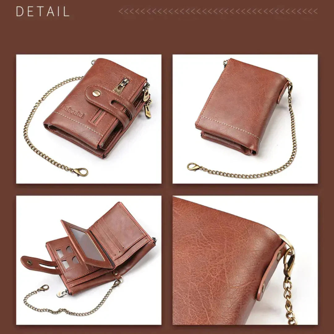 Faux Leather Vintage Wallet with Chain – 13 Pockets, Antique Brass