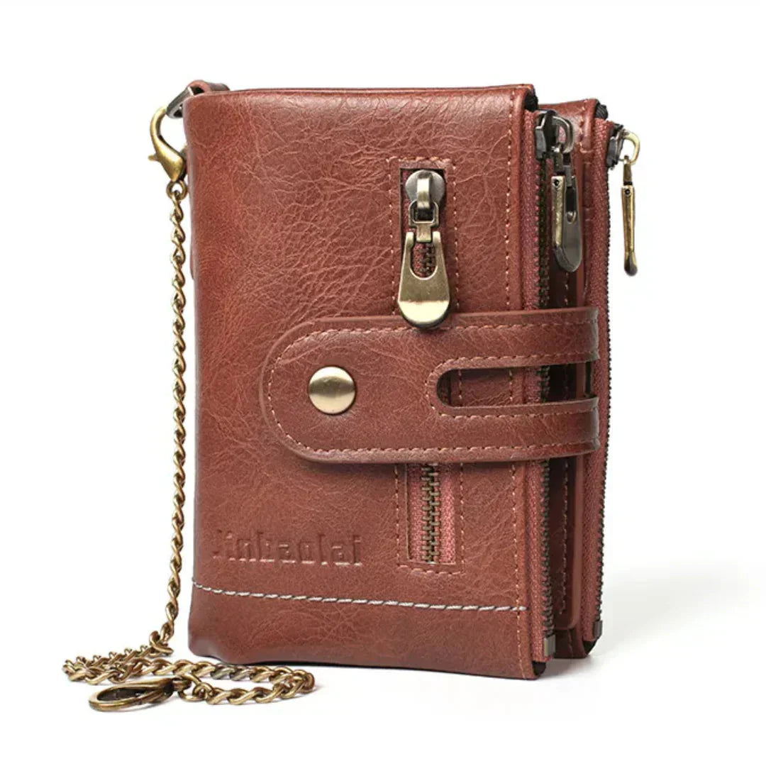 Faux Leather Vintage Wallet with Chain – 13 Pockets, Antique Brass