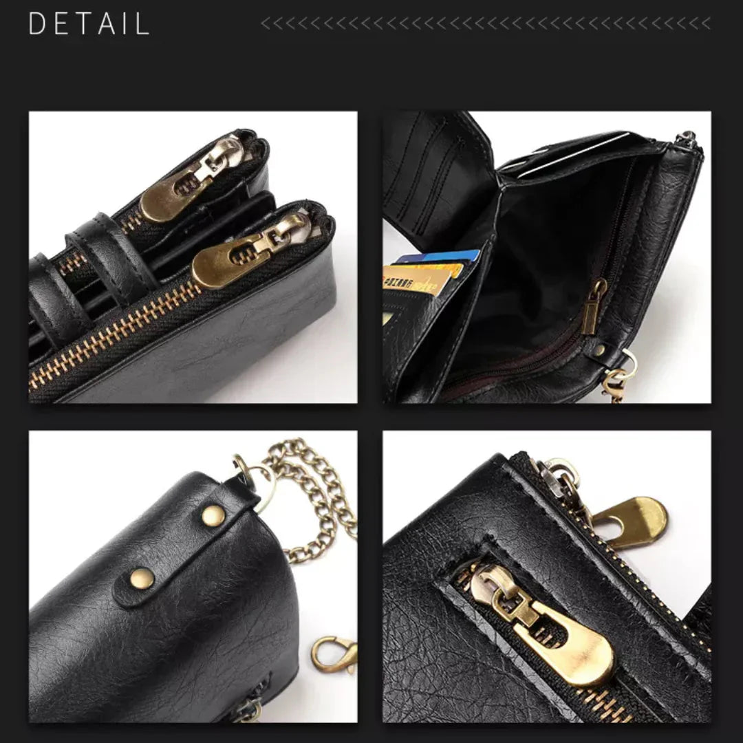 Faux Leather Vintage Wallet with Chain – 13 Pockets, Antique Brass