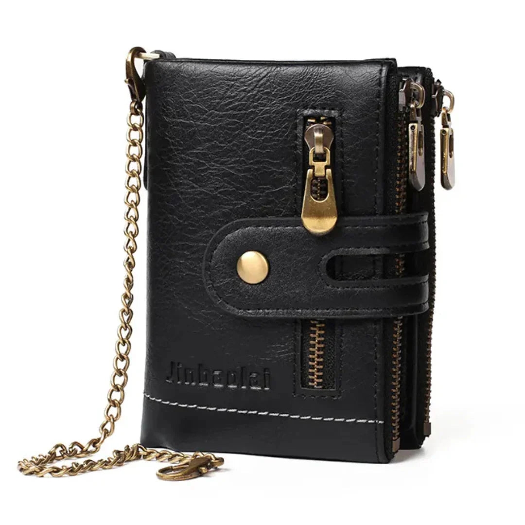 Faux Leather Vintage Wallet with Chain – 13 Pockets, Antique Brass