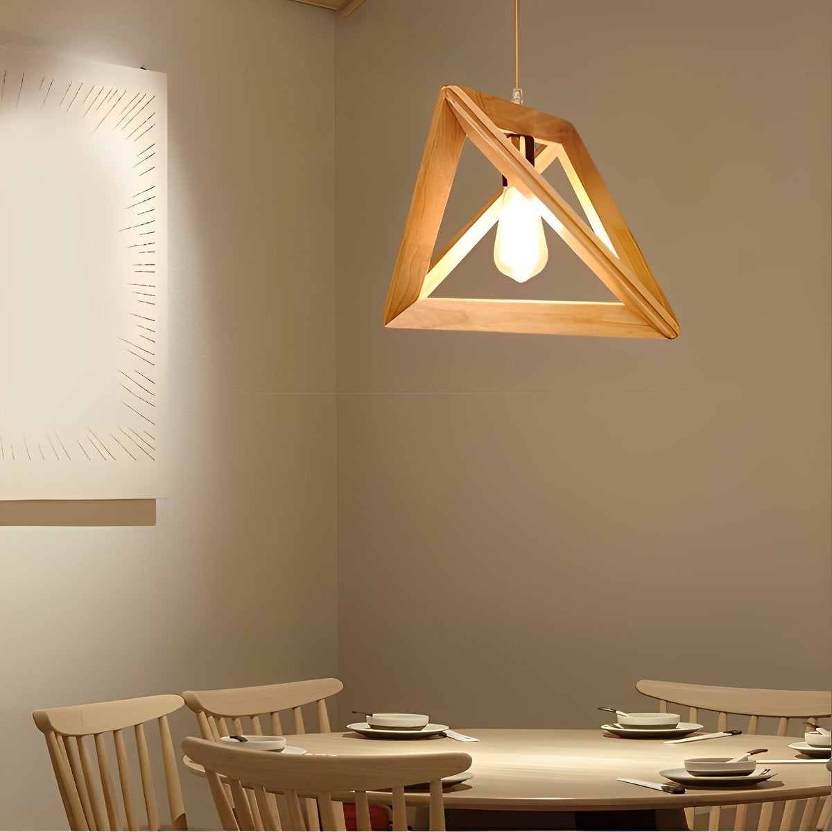 Elegant Wooden Frame Geometric Pendant Light with Adjustable Height