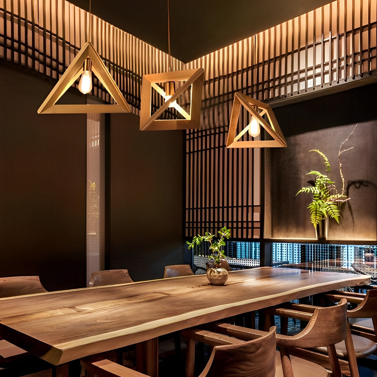 Elegant Wooden Frame Geometric Pendant Light with Adjustable Height