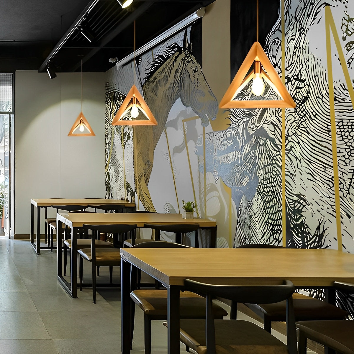 Elegant Wooden Frame Geometric Pendant Light with Adjustable Height