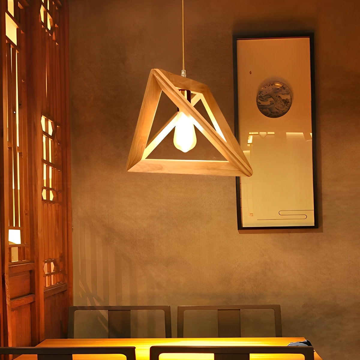 Elegant Wooden Frame Geometric Pendant Light with Adjustable Height
