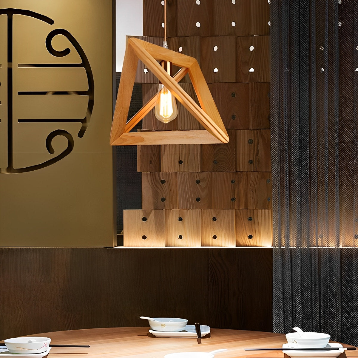 Elegant Wooden Frame Geometric Pendant Light with Adjustable Height