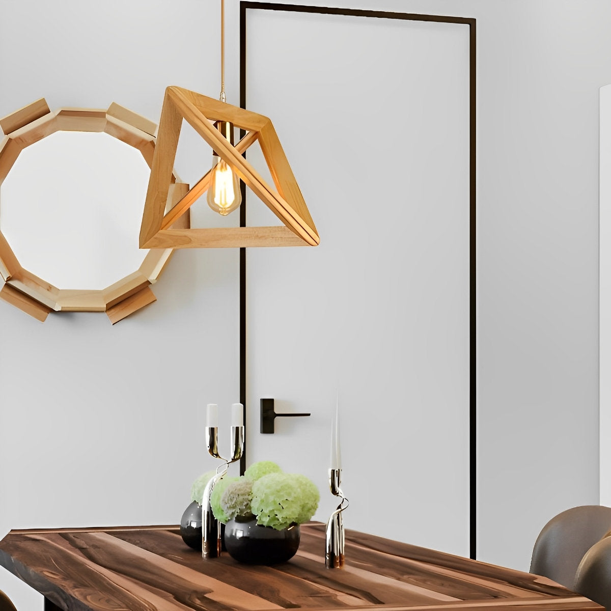 Elegant Wooden Frame Geometric Pendant Light with Adjustable Height