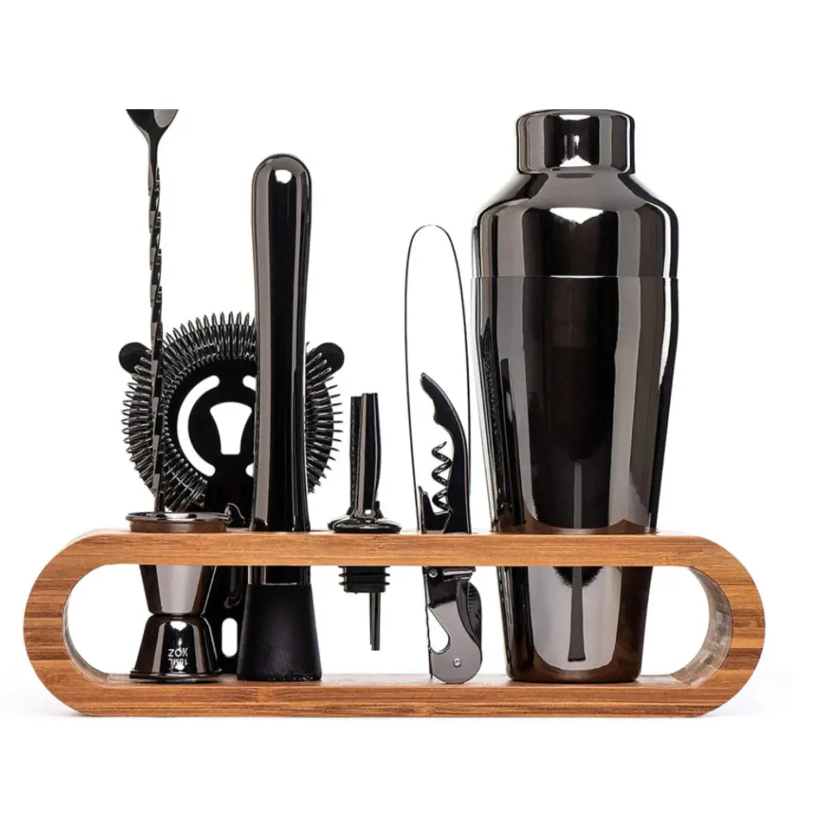 Bamboo Stand Cocktail Set – 10 Pieces in Stainless Steel