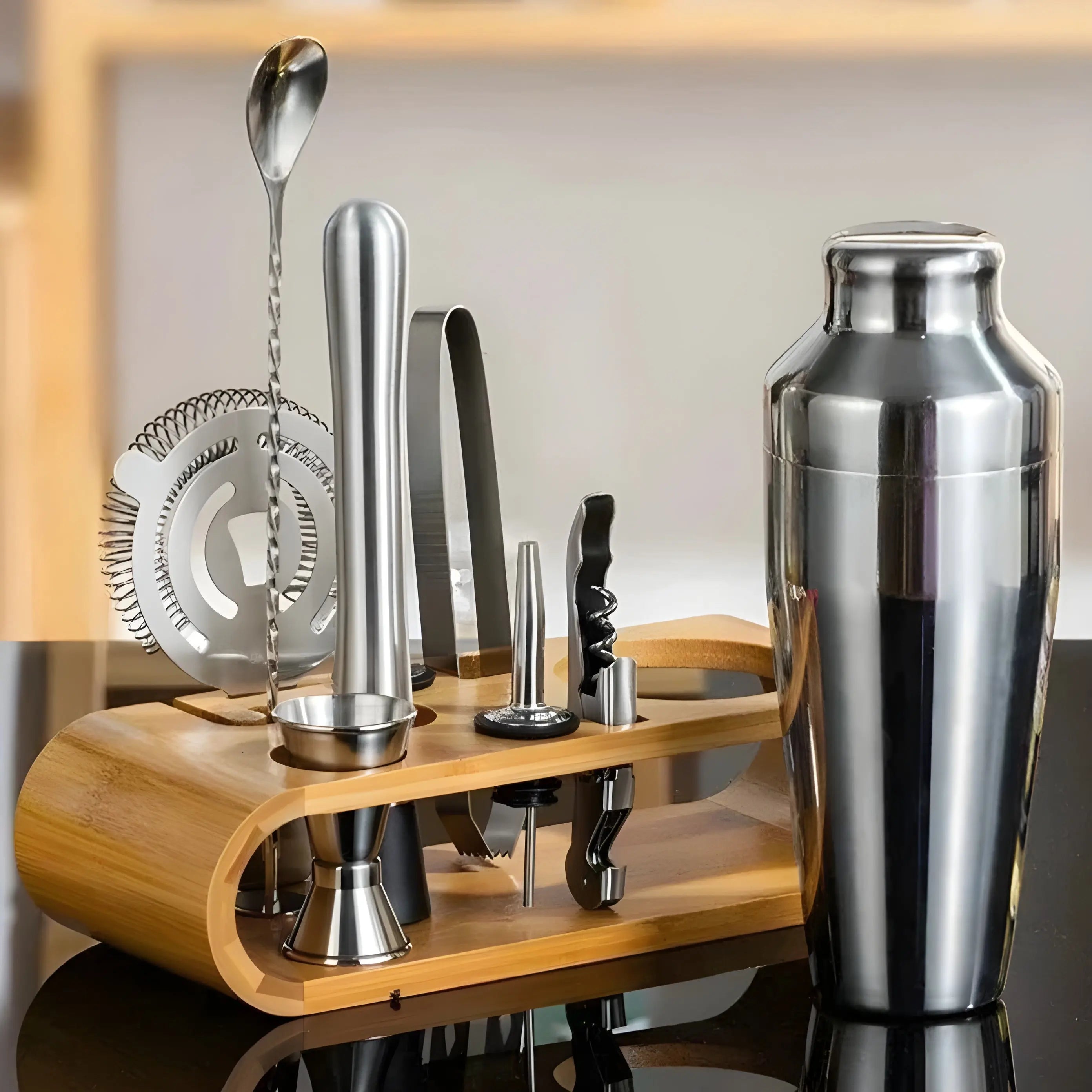 Bamboo Stand Cocktail Set – 10 Pieces in Stainless Steel