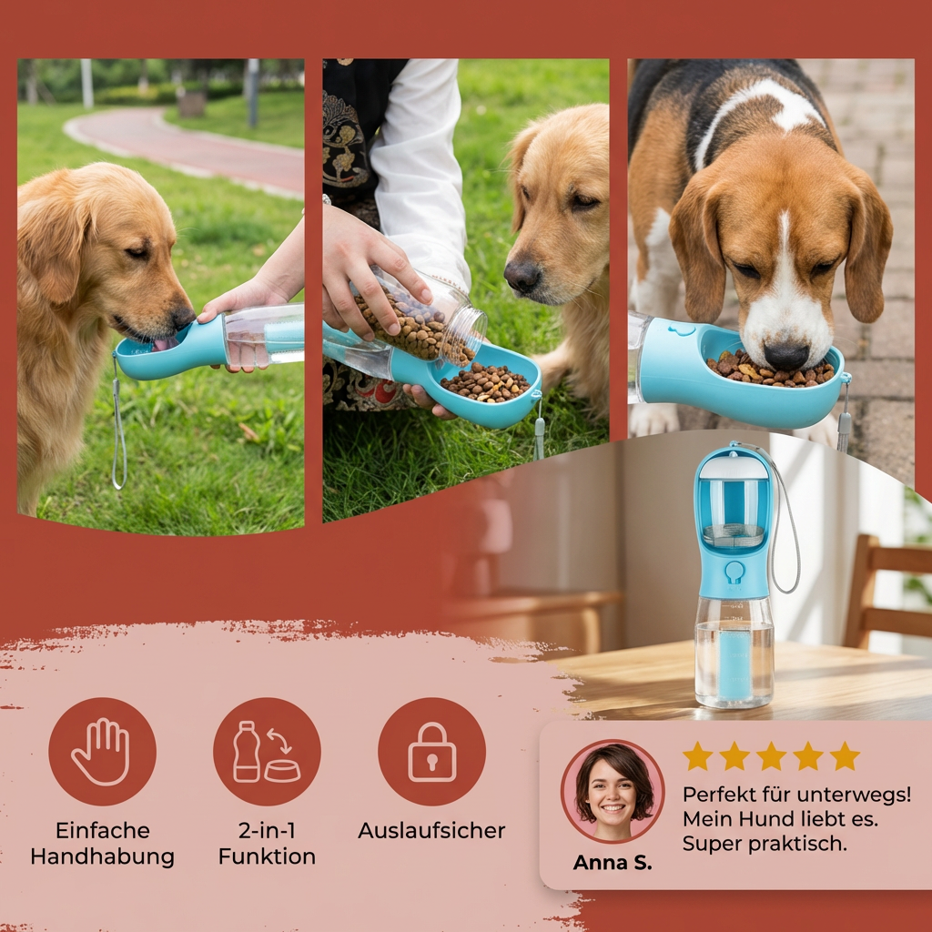 Dog Water Bottle with Food Storage and Waste Bag Dispenser - 3-in-1