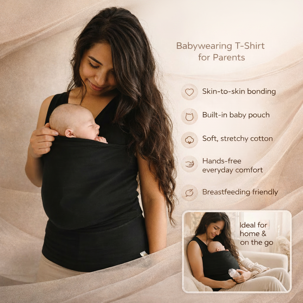 Stretchy Cotton T-Shirt for Babywearing with Integrated Baby Pouch, Washable