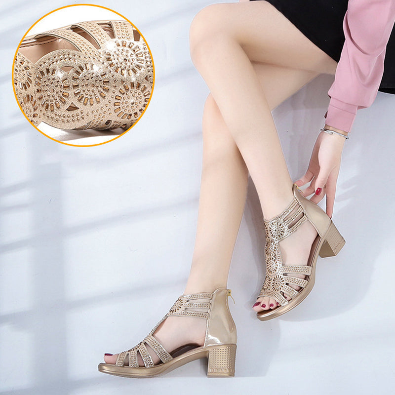 Rhinestone-embellished Wedge Sandals with Zipper Closure