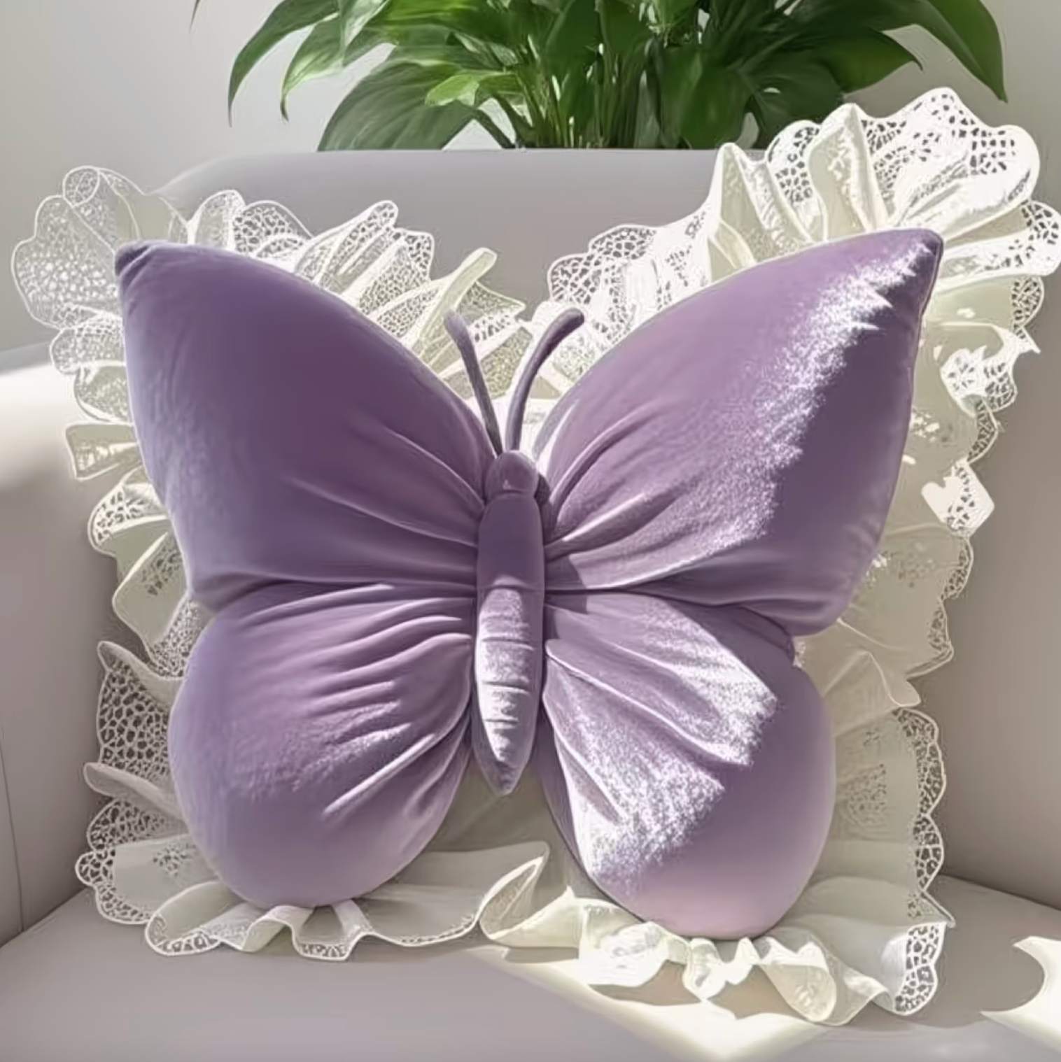 Butterfly-Inspired Plush Pillow with Elegant Lace Design