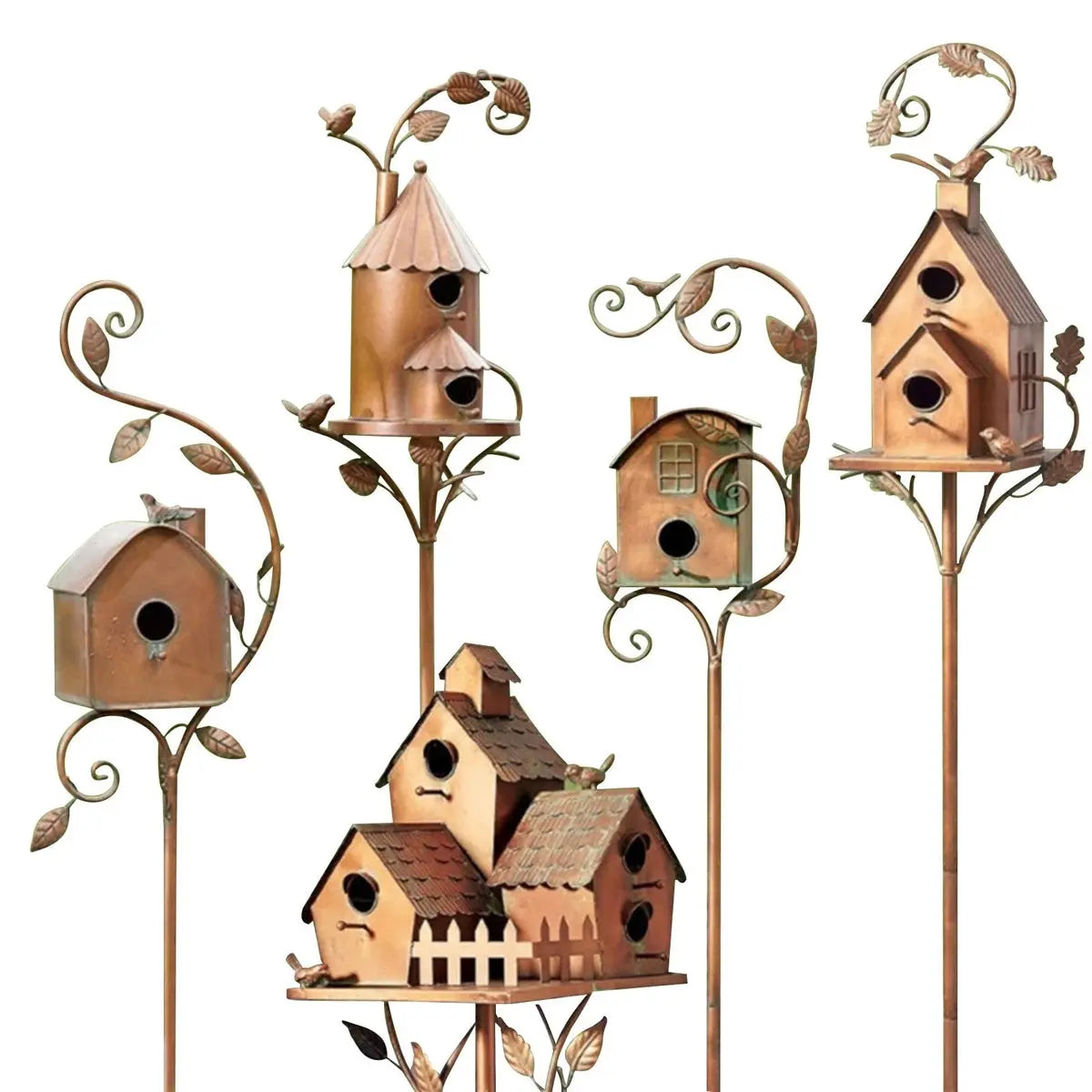 Vintage-Style Garden Stake with Decorative Metal Birdhouse