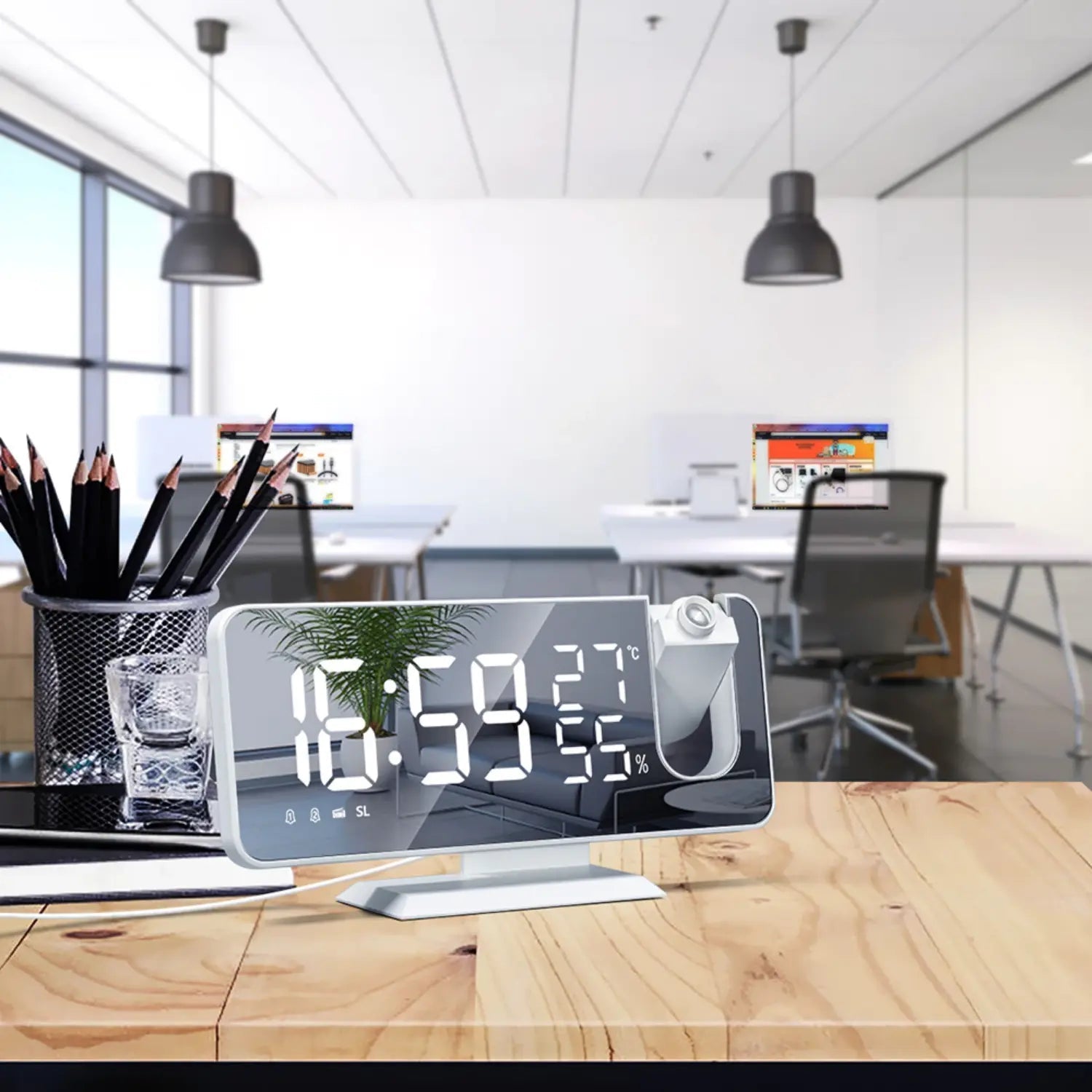 FM Radio Alarm Clock with LED Projection and USB Charging Port