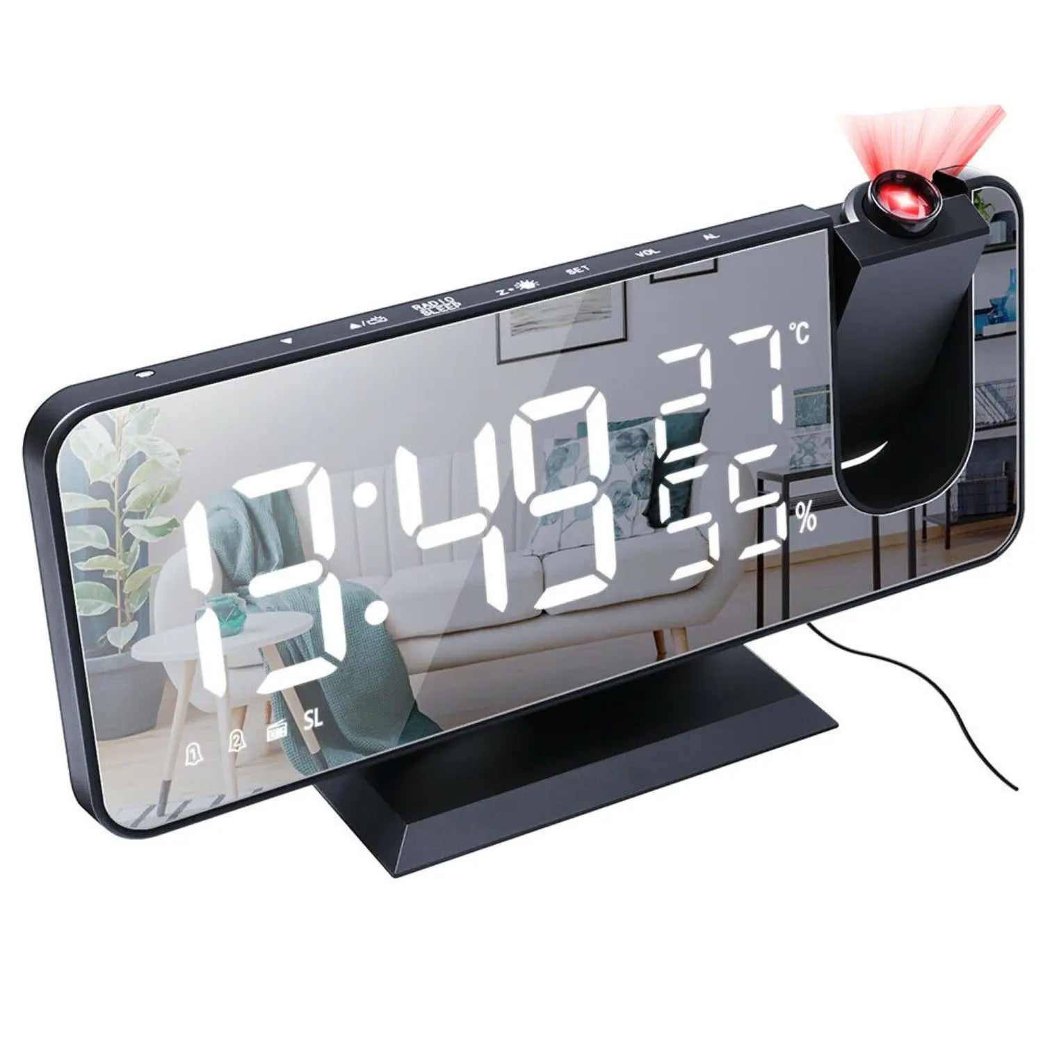 FM Radio Alarm Clock with LED Projection and USB Charging Port