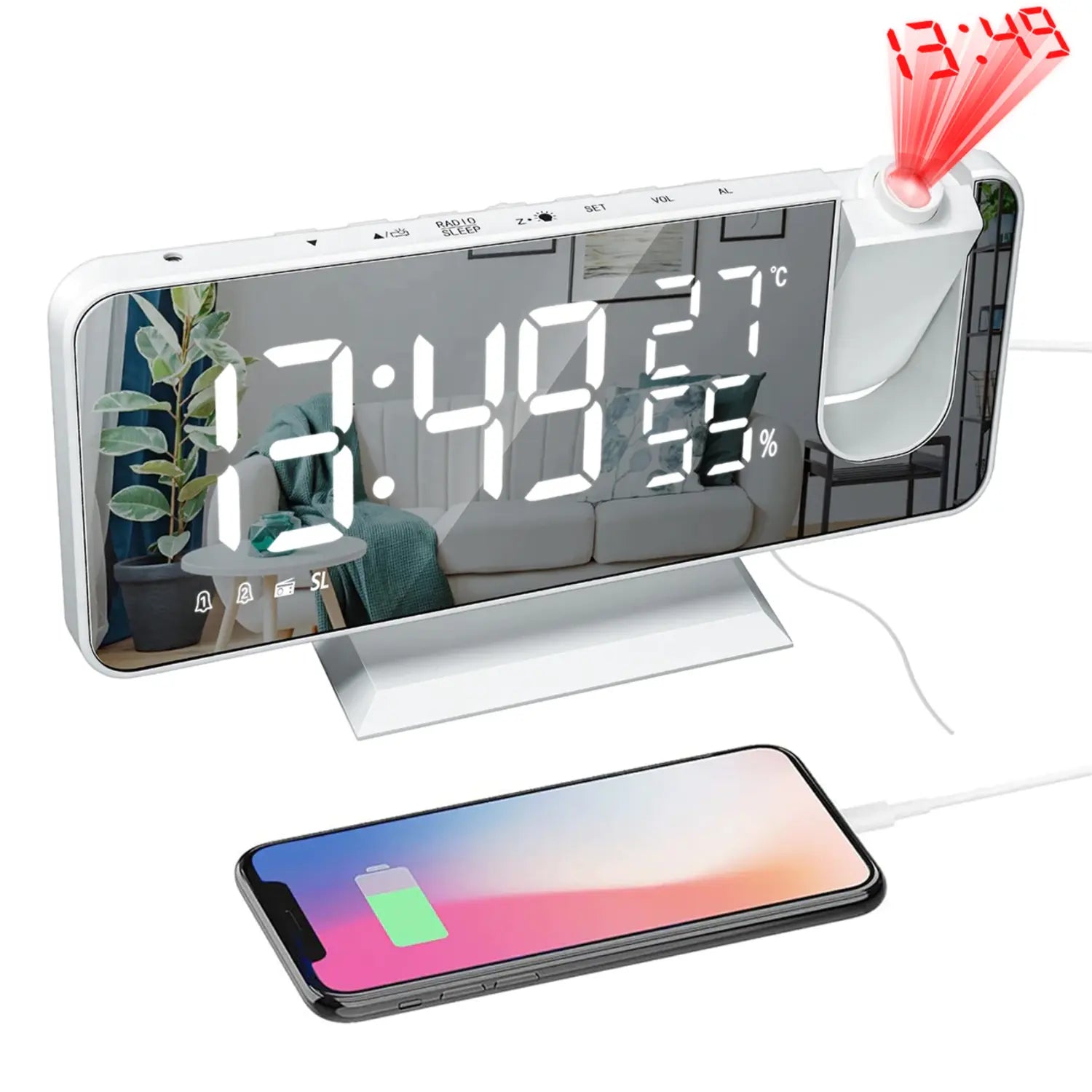 FM Radio Alarm Clock with LED Projection and USB Charging Port