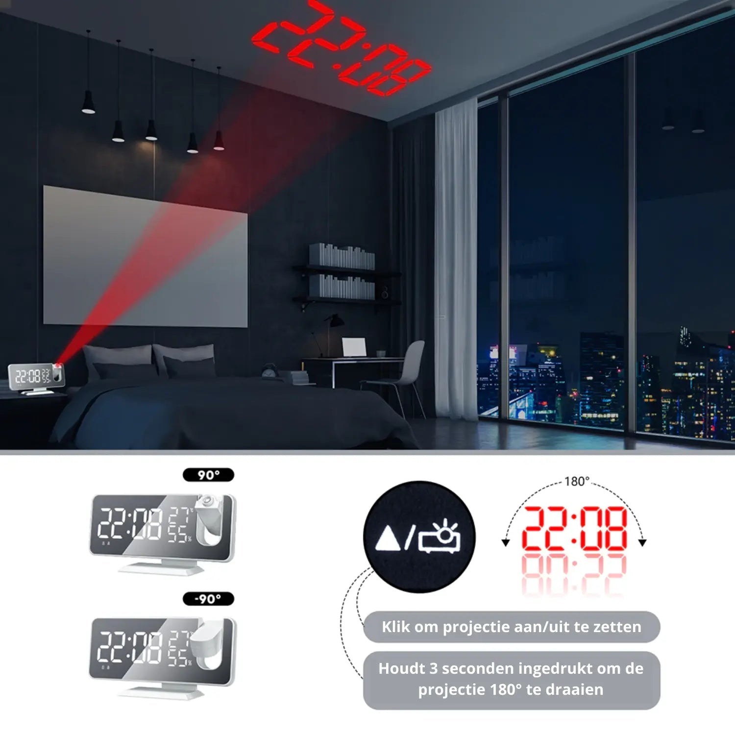 FM Radio Alarm Clock with LED Projection and USB Charging Port