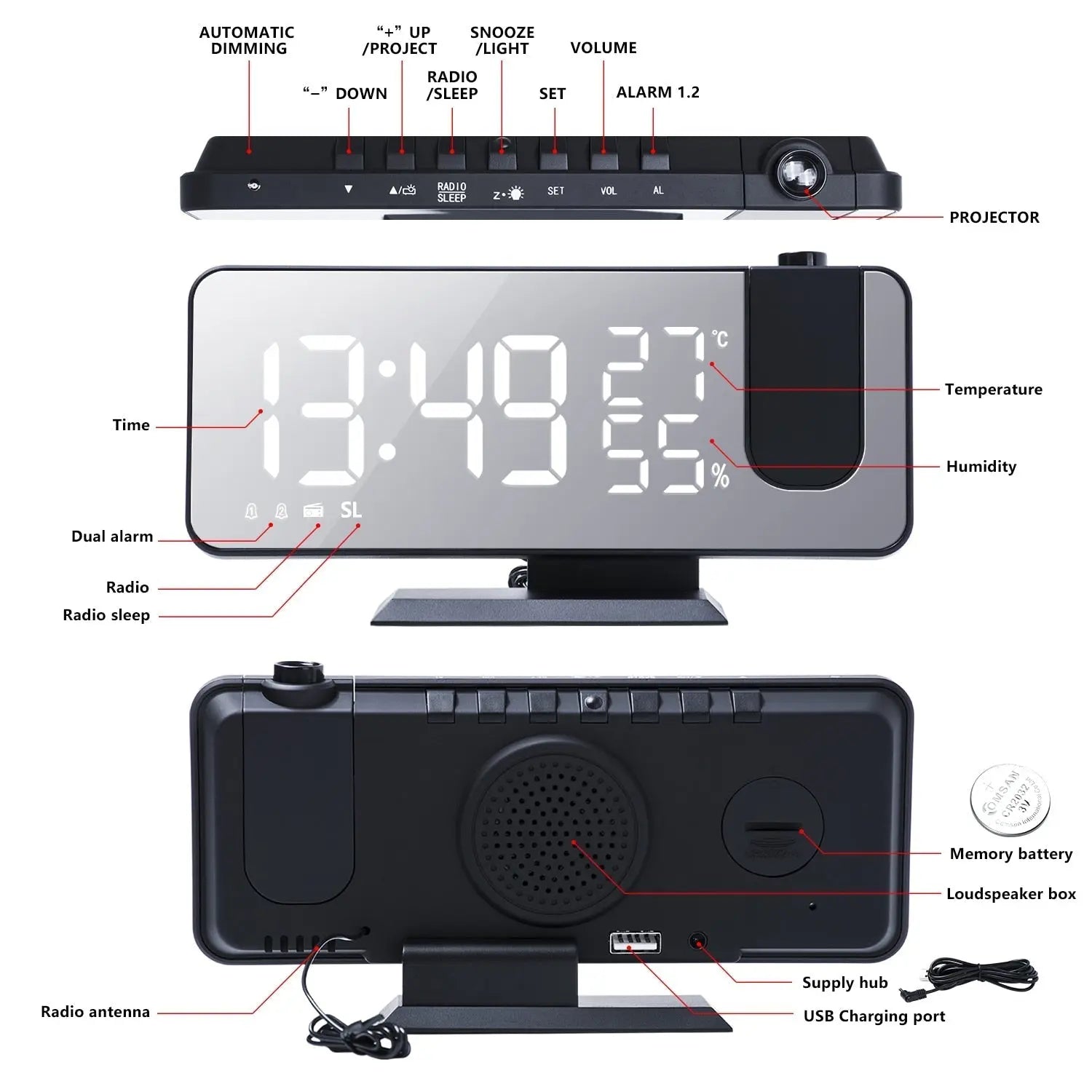 FM Radio Alarm Clock with LED Projection and USB Charging Port