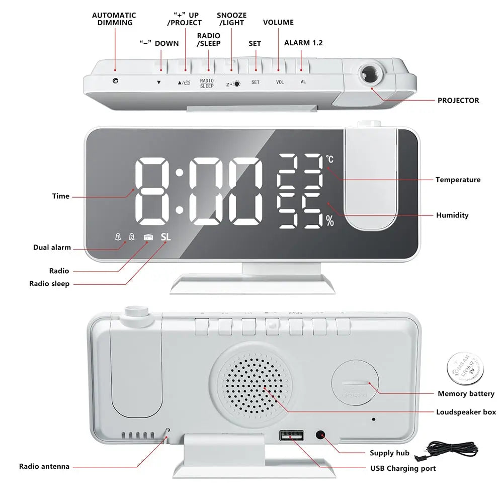 FM Radio Alarm Clock with LED Projection and USB Charging Port