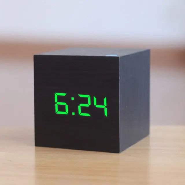Compact Black Cube Alarm Clock with Date and Temperature Display
