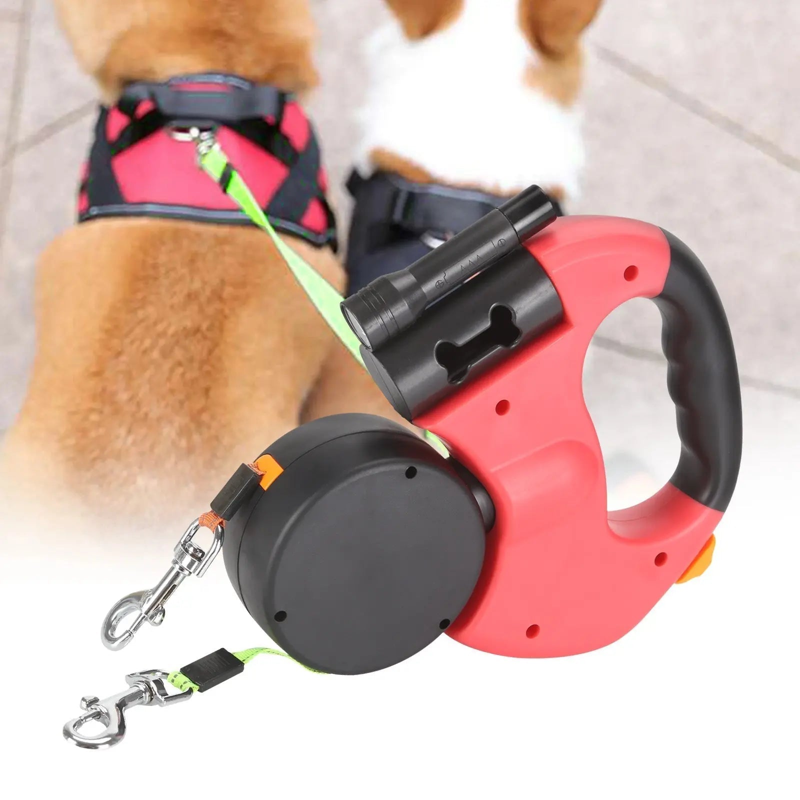 LED Flashlight Dog Leash – Dual Retractable Design for Walking Two Dogs